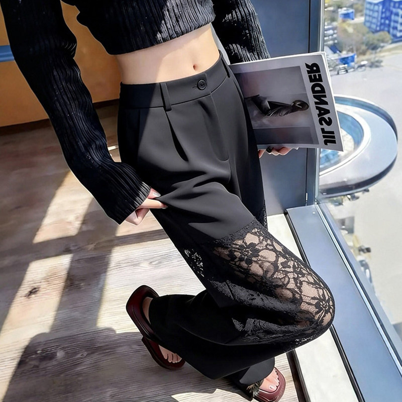 韩版黑色蕾丝镂空阔腿休闲裤女