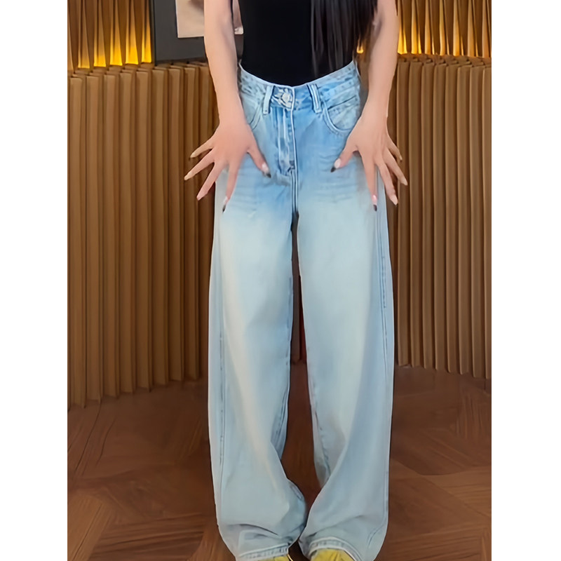 复古浅蓝色阔腿牛仔裤女2026