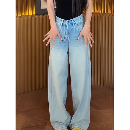 美式复古浅蓝色阔腿牛仔裤女2026夏季新款垂感高腰宽松显瘦直筒裤