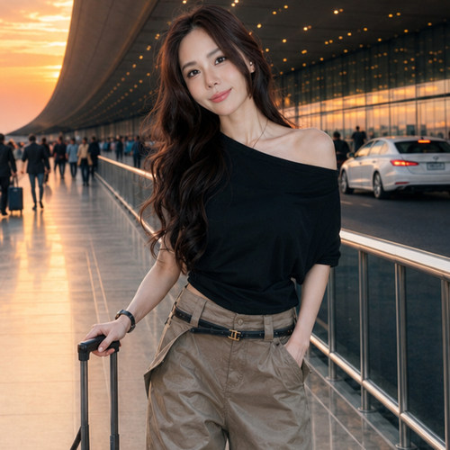 韩系斜领露肩黑色短袖T恤女2026