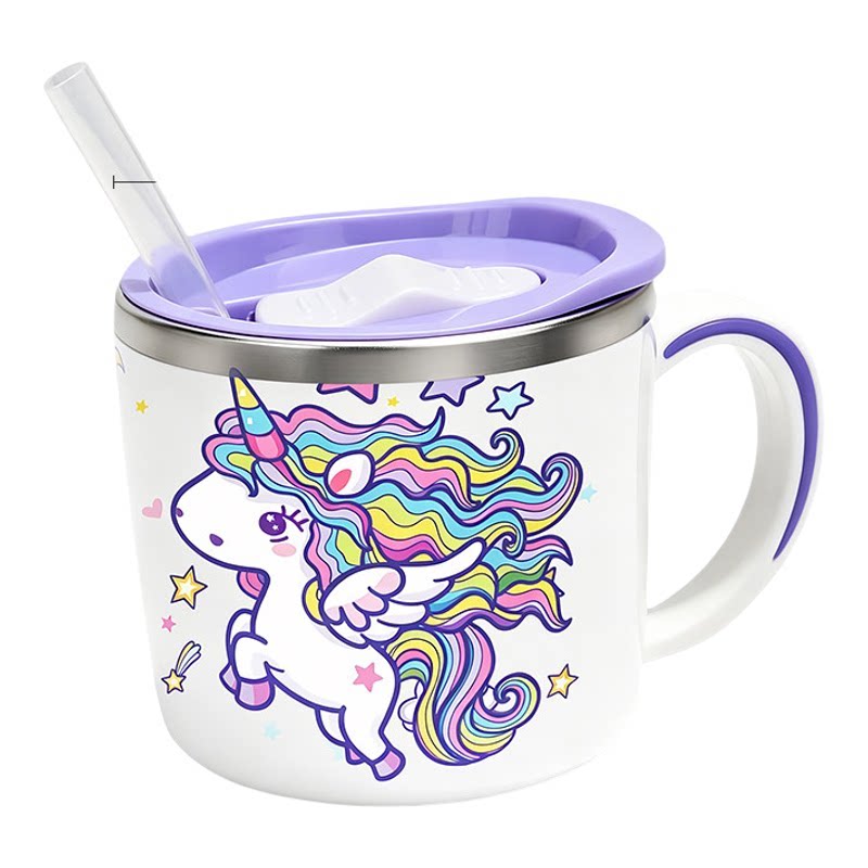 儿童水杯316不锈钢防摔带刻度牛奶杯幼儿园宝宝家用吸管杯带盖女
