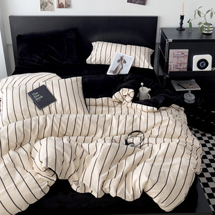 【两全其美】秋冬全棉牛奶绒AB面双拼四件套条纹黑白简约风实用