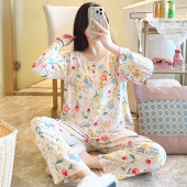春秋款 夏季 长袖 绵绸套装 高级感日系人造棉家居服 大码 棉绸睡衣女款