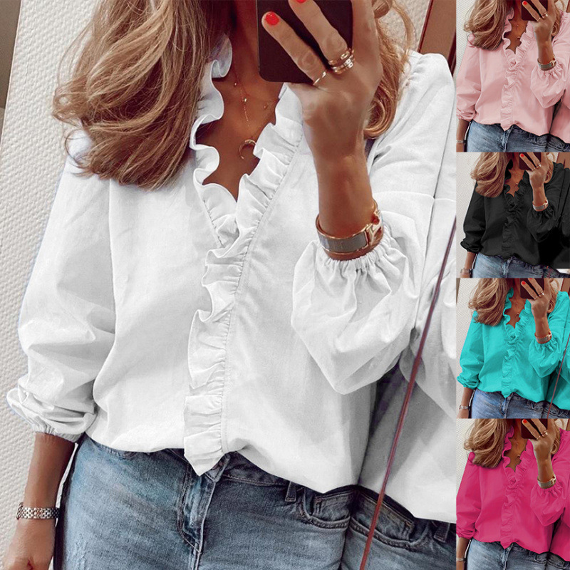 2024跨境亚马逊Temu独立站春夏季欧美新款长袖荷叶边衬衣女式衬衫