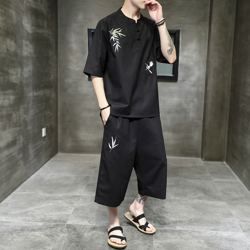 夏装新T恤套装亚麻吸汗风大码青年刺绣棉麻亚麻五分袖TZ84,男装休闲套装,电商A021A