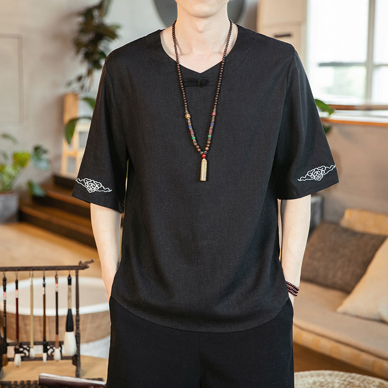 春夏新风竹节棉麻亚麻云纹五分袖透气盘扣半袖大码T恤T511,男装T恤,电商A021A