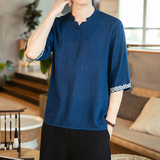 春夏新款风青年大码竹节棉麻云纹七分袖深V领盘扣T恤T732，男装T恤，电商A021A