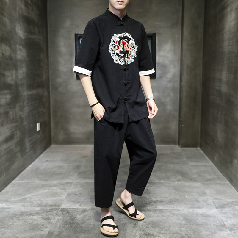 春夏新风原创如鱼得水锦鲤刺绣棉麻盘扣半袖休闲套装TZ82,男装休闲套装,电商A021A