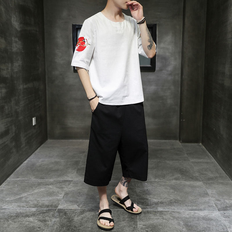 春夏现货风亚麻大码休闲原创仙鹤刺绣透气五分袖套装TZ81,男装休闲套装,电商A021A