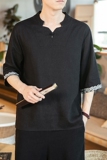 春夏新款风竹节棉麻亚麻云纹七分袖透气深V领盘扣T恤T732，男装T恤，电商A021A