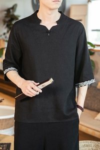 春夏新款风竹节棉麻亚麻云纹七分袖透气深V领盘扣T恤T732图片
