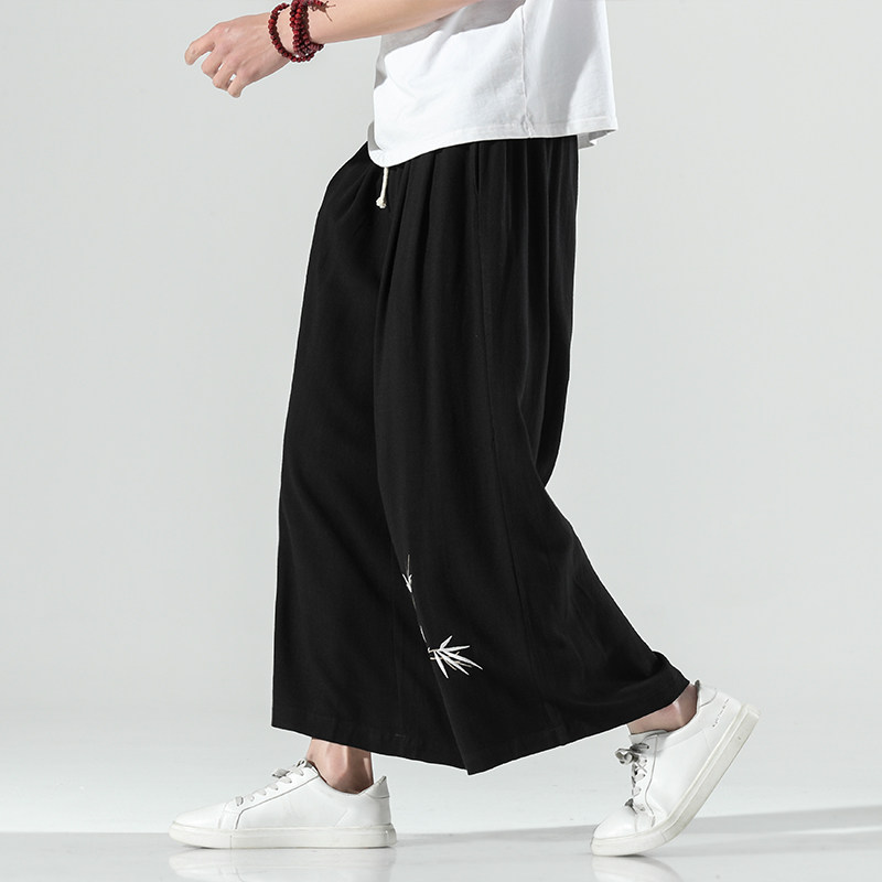 春夏薄款原创竹子刺绣中国风亚麻日系阔腿九分裤宽松长裤CK91P65,男装休闲裤,电商A021A