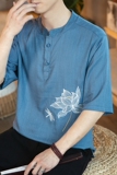 春夏风大码T恤竹节棉麻透气短袖荷花刺绣五分袖盘扣T512，男装T恤，电商A021A