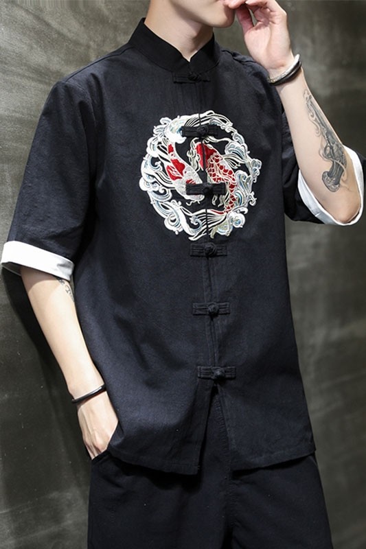 夏季新撞色衬衫风棉麻短袖如鱼得水锦鲤绣花领五分袖TZ82A,男装衬衫,电商A021A