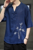 夏装原创竹刺绣男T恤风大码透气短袖亚麻吸汗五分袖T，男装T恤，电商A021A