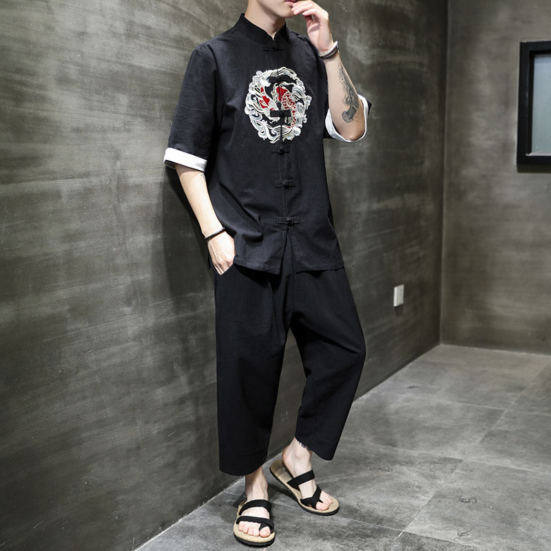 夏季新衬衫T恤套装风青年大码锦鲤刺绣棉麻盘扣休闲TZ82,男装休闲套装,电商A021A