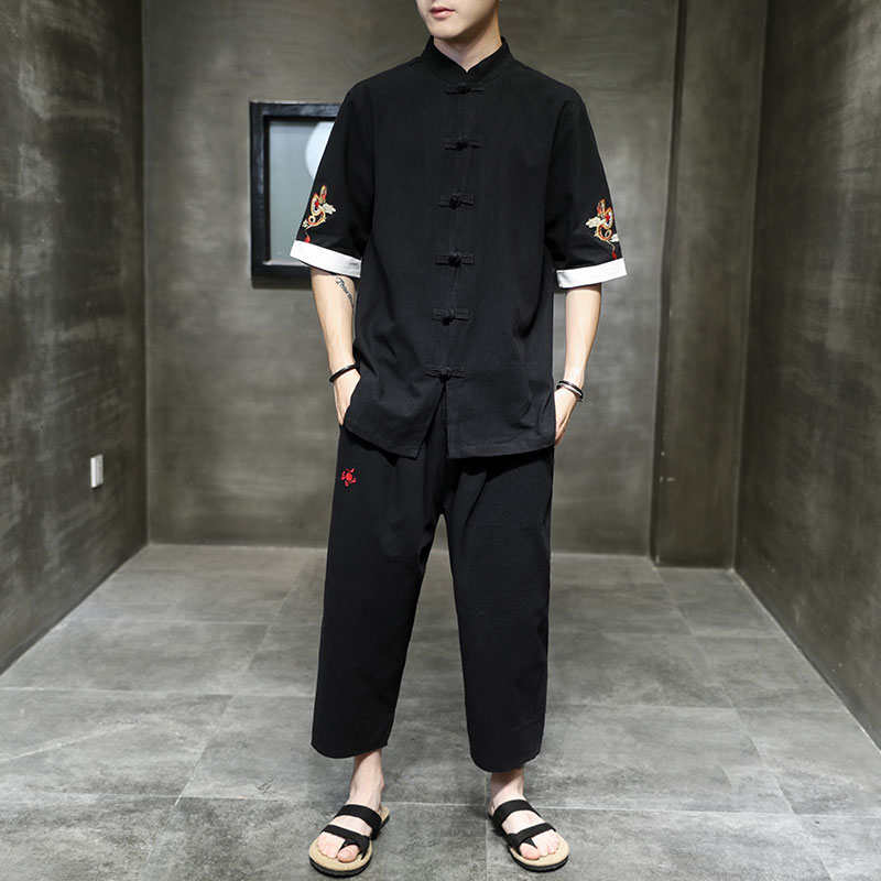 春夏新风大码休闲神龙绣棉麻套装盘扣休闲半袖九分裤TZ83,男装休闲套装,电商A021A