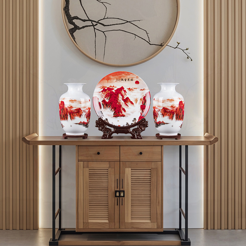 景德镇陶瓷器花瓶挂盘三件套