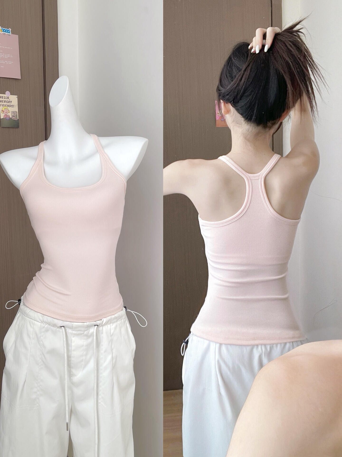 淡粉色带胸垫吊带女夏季u领纯欲风外穿美背打底上衣内搭运动背心