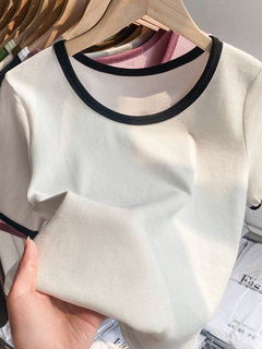 螺纹短袖t恤女夏装2022新款撞色法式别致设计感短款上衣半袖体恤