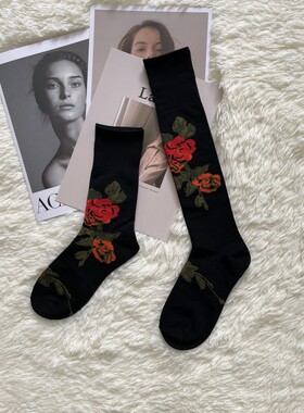 niss26 丝光棉花卉提花长筒小腿袜个性欧美潮牌复古花朵长袜子女