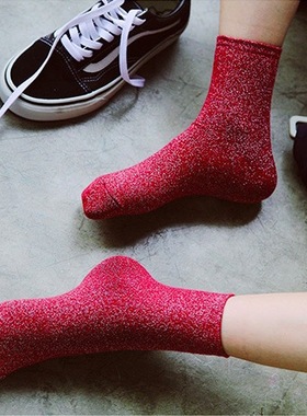 niss26 经典素袜 韩版金银丝款闪闪银葱中筒袜个性百搭堆堆袜子潮