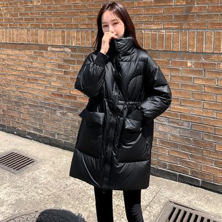 反季清仓黑色亮面羽绒服女2022冬季新款韩版中长款加厚白鸭绒外套