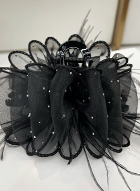 黑色网纱满天星水钻云朵抓夹韩版羽毛蝴蝶结发夹高级感减龄鲨鱼夹
