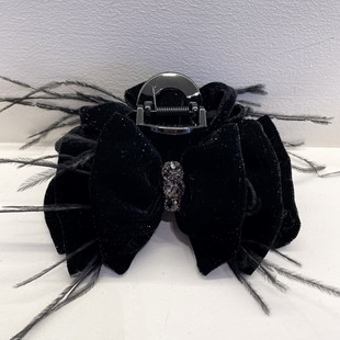 丝绒蝴蝶结镶钻抓夹女大号发夹韩国头饰后脑勺高级感羽毛鲨鱼夹子