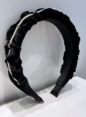 气质黑色褶皱丝绒高级感发箍女韩国秋冬外出百搭珍珠时尚宽边头箍