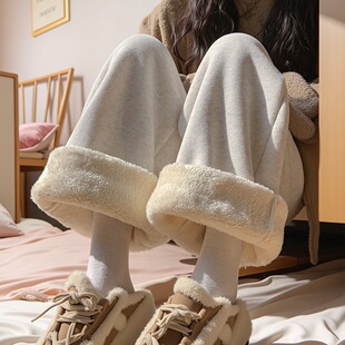 白色加绒休闲裤过冬保暖穿搭宽松柔软显高洋气加绒加厚阔腿裤子女