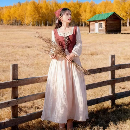 春秋田园复古棉麻连衣裙两件套裙