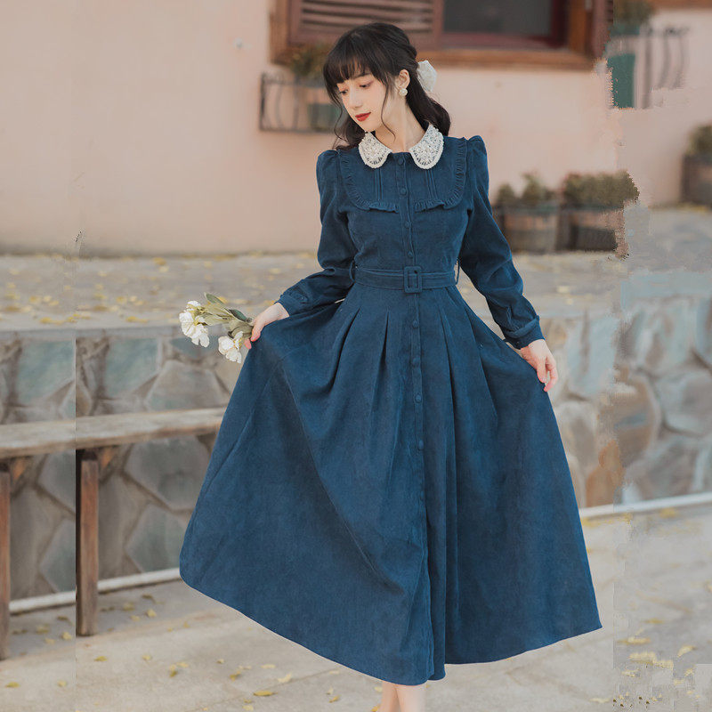 秋冬复古灯芯绒知性优雅连衣裙子