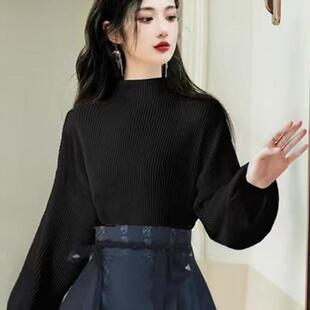 黑色灯笼袖 复古毛衣针织衫 半高领内搭打底衫 配马面裙 女秋季 法式
