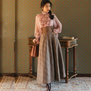 套装 气质荷叶边雪纺上衣复古两件套 女格子毛呢半身裙2023秋冬新款