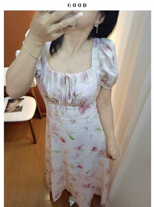 花间蜜语 三染工艺100苎麻A字裙 粉调森系遮肉泡泡袖侧开叉连衣裙