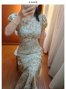 洋气天丝麻印花连衣裙 减龄后背系带泡泡袖 高腰线显瘦女士长裙子