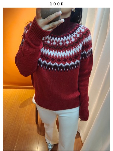 氛围红立领纯羊毛毛衣 提花花纱好气色 可单穿打底宽松女针织上衣