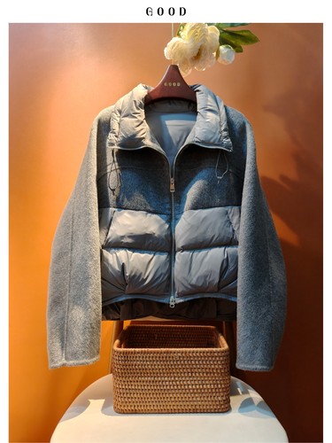 洋气慵懒风羊毛拼接羽绒服 前短后长短款立领调节抽绳设计感外套A