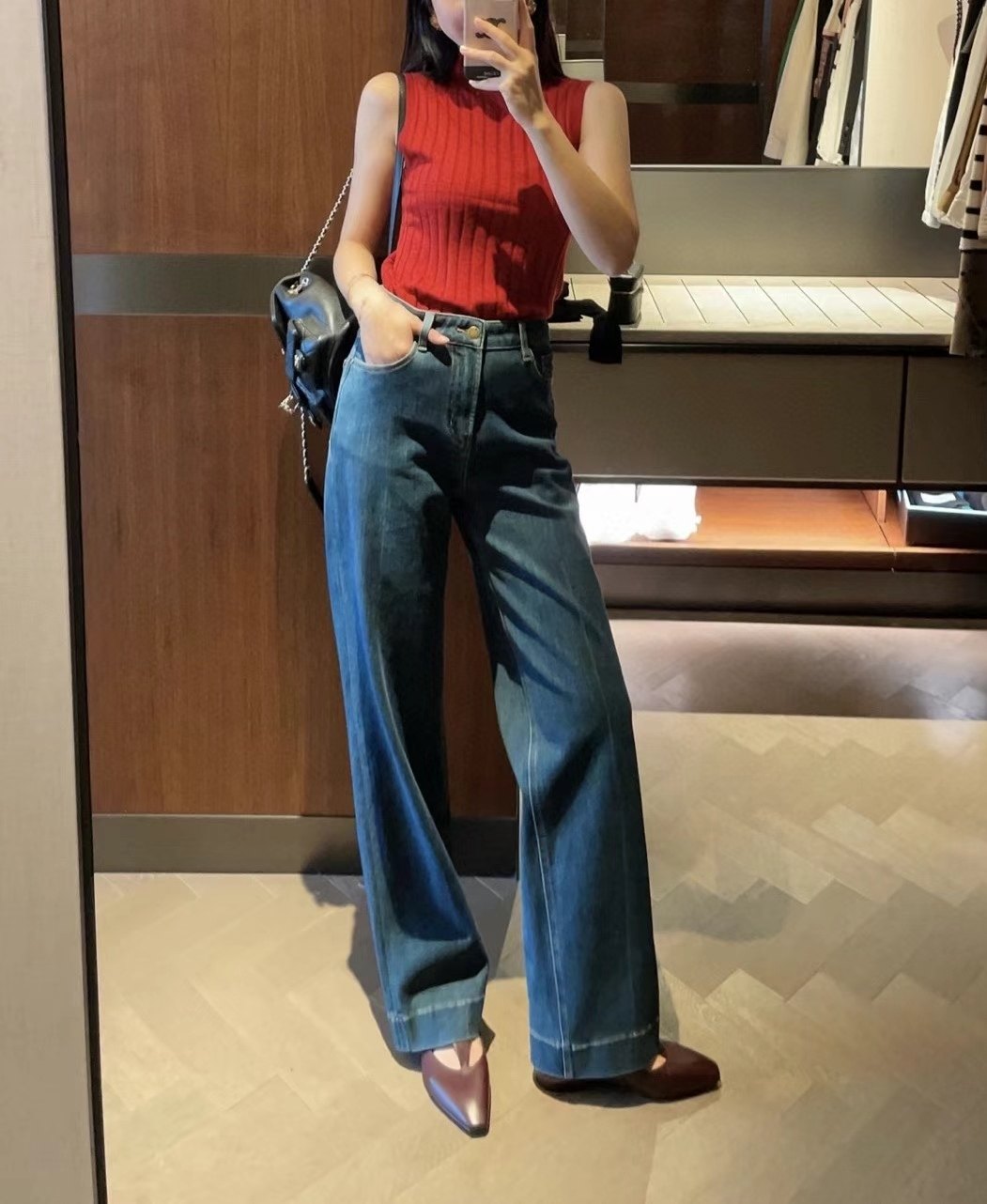 欧韩货高端牛仔裤 进口洗水复古蓝色 秋冬女士阔腿直筒显瘦长裤子