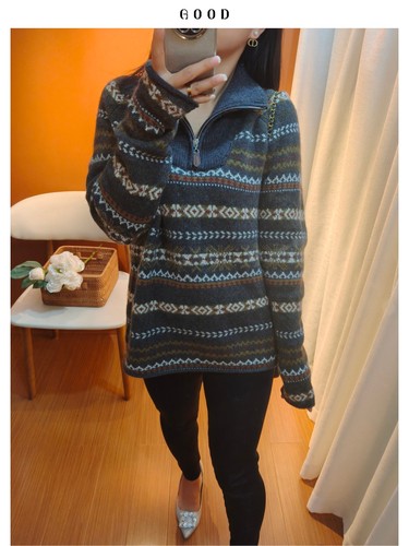 松弛感外穿宽松羊毛毛衣 拉链翻领 暖棕提花遮胯品质款可打底上衣