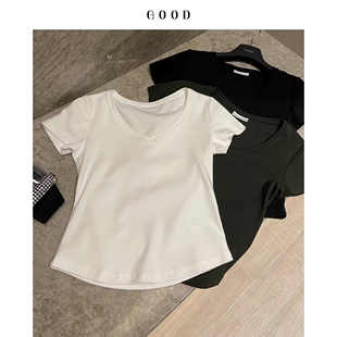低领露锁骨短款 高腰紧身小个子上衣s T恤女夏新款 95棉百搭显瘦短袖