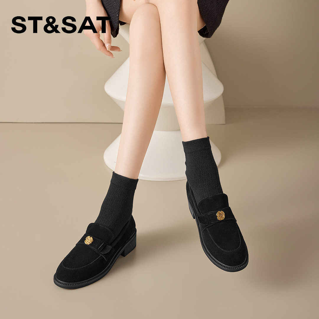 St&Sat/星期六英伦单鞋2026年春季女中跟粗跟山茶花黑色乐福鞋