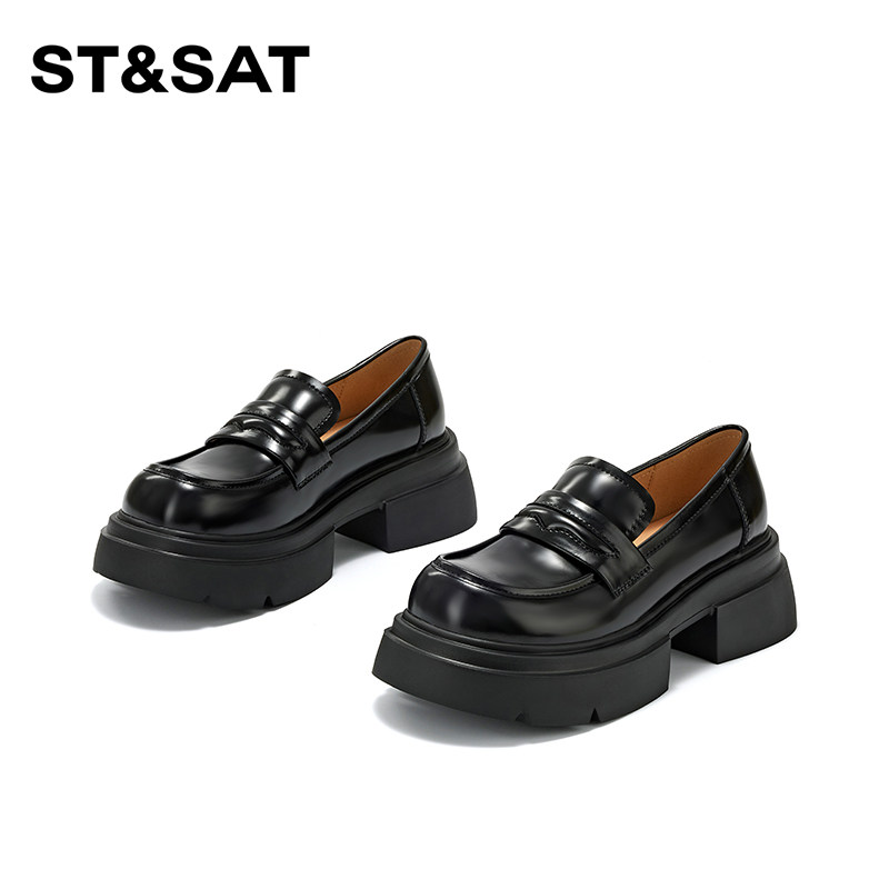 星期六真皮厚底黑色乐福鞋女款2026新款春夏一脚蹬小皮鞋百搭单鞋