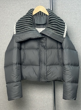 泡芙翻领羽绒服女2025年新款韩版90白鸭绒针织拼接面包服保暖外套