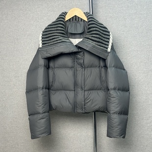 泡芙翻领羽绒服女2025年新款韩版90白鸭绒针织拼接面包服保暖外套