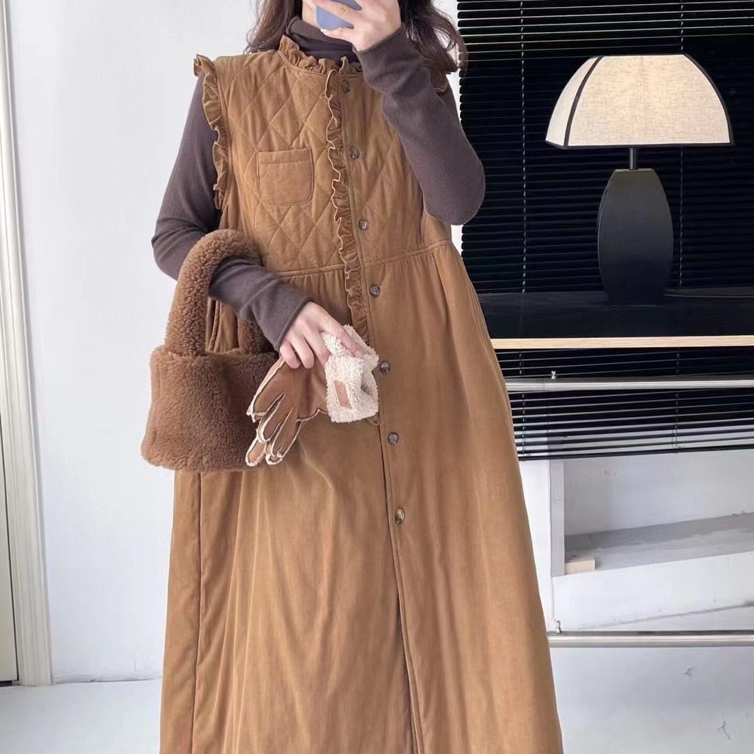 森系菱格木耳边细条绒加棉背心裙秋冬新款宽松百搭减龄叠穿连衣裙