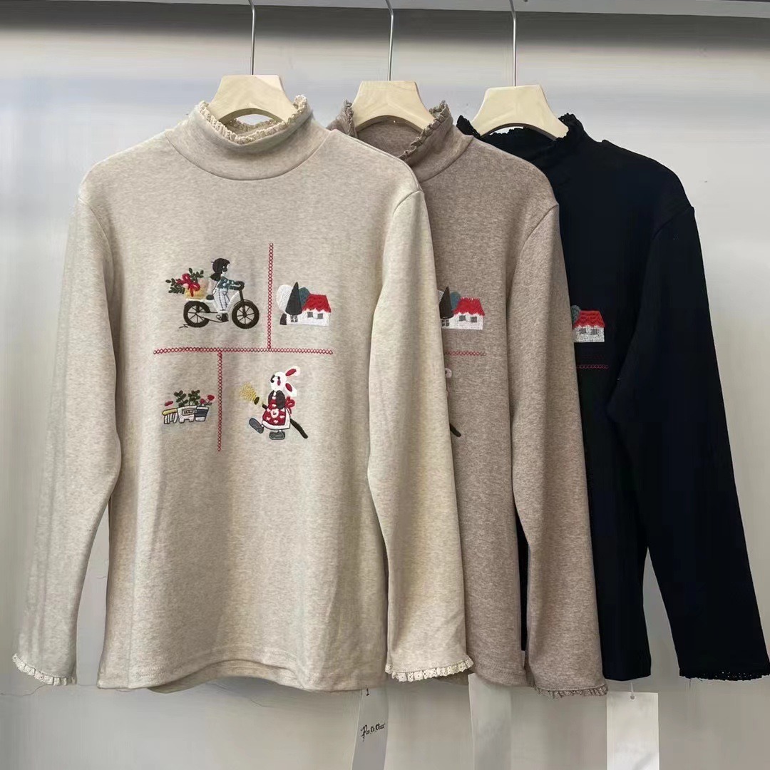 日系森系童趣刺绣半高领打底衫女秋冬新款减龄百搭纯棉外穿内搭女