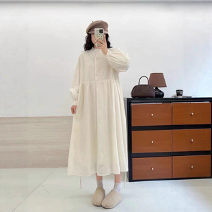 日系外贸提花加绒连衣裙冬季新款收腰系带木耳立领半开扣中长裙子