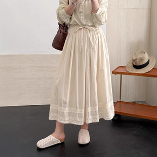 日系森系拼蕾丝贴布棉质半身裙夏季新款减龄百搭松紧腰系带A字裙